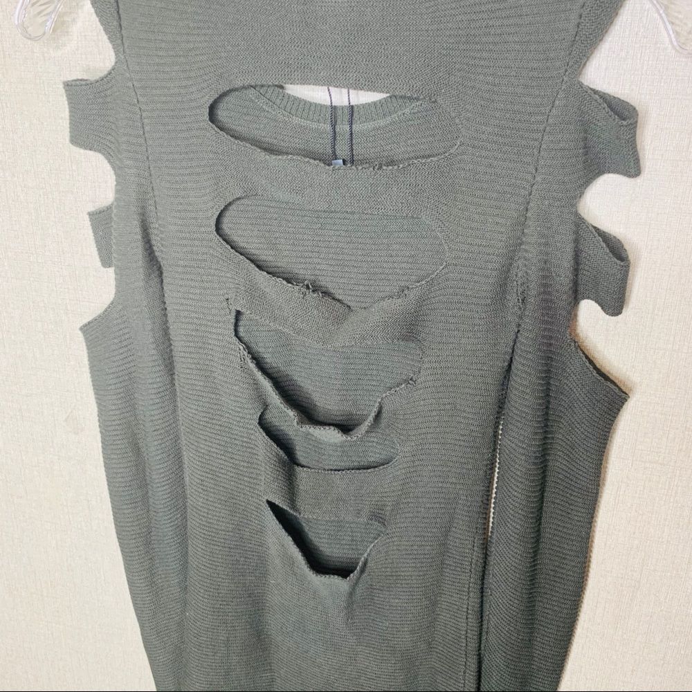 Vintage Express Grunge Sweater Dress XS Olive Green Distressed Back Bodycon Knit - Picture 9 of 9